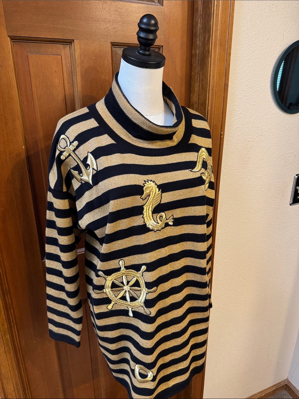 Vintage Escada Black and Gold Turtleneck Sweater/Nautical Embroidery Size 36